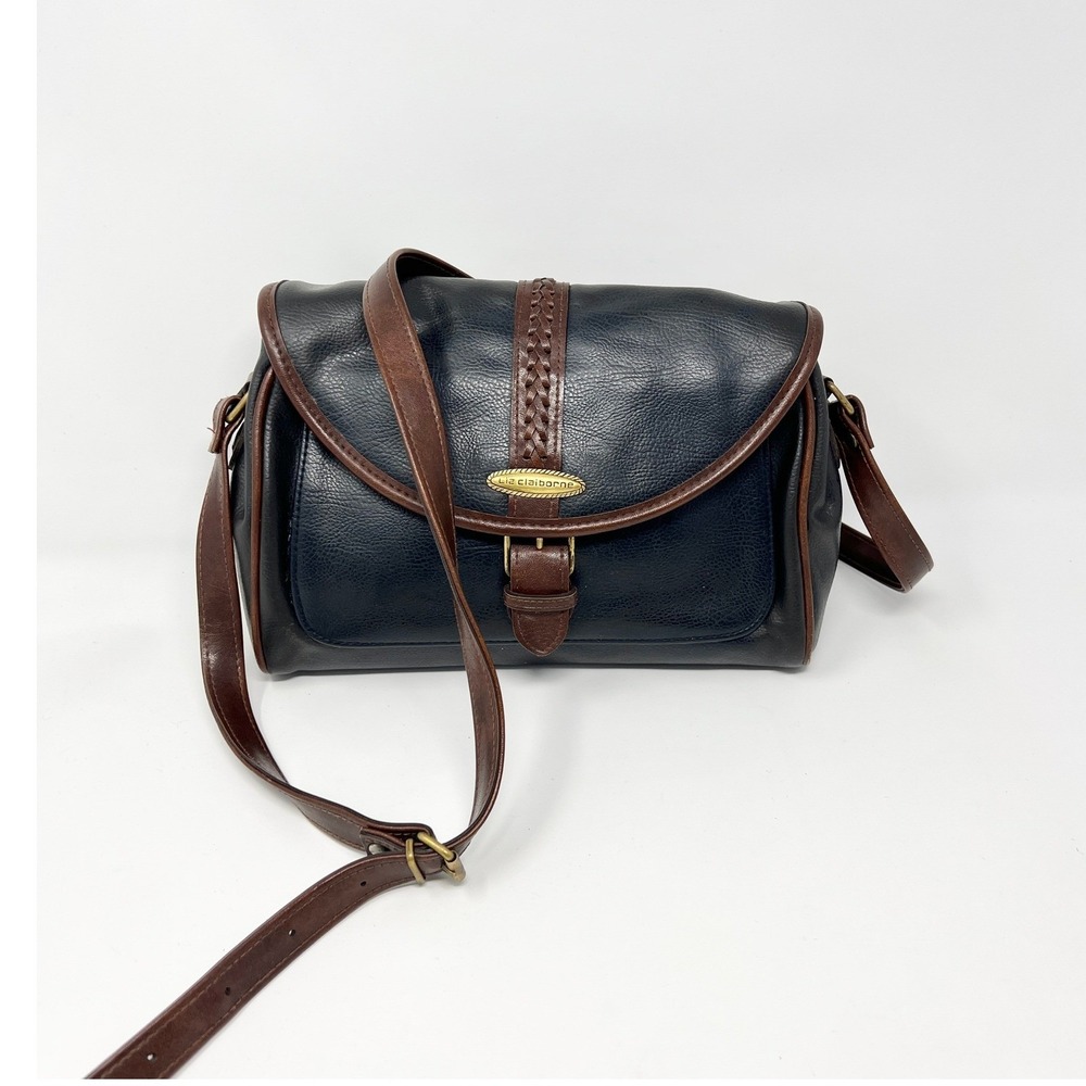 Liz Claiborne Navy Blue Brown Trim Crossbody Bag Braided Buckle Vintage Style